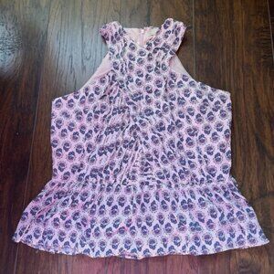 Loft PETITE Top Sleeveless Blouse Top Peplum Zip Close Pink Floral Print Size 6P